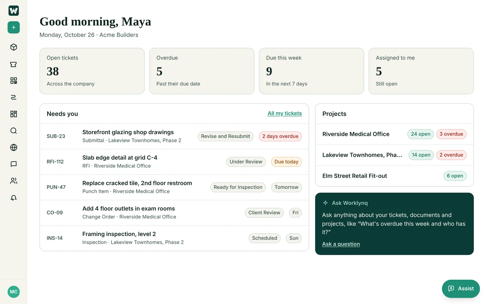 Worklynq Home: counts of open, overdue and due-this-week tickets, a Needs you list of RFIs, submittals and punch items with due dates, and each job site's open and overdue tickets