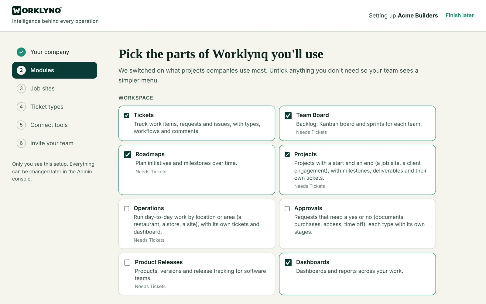 Setup step 2: choosing modules, grouped by area