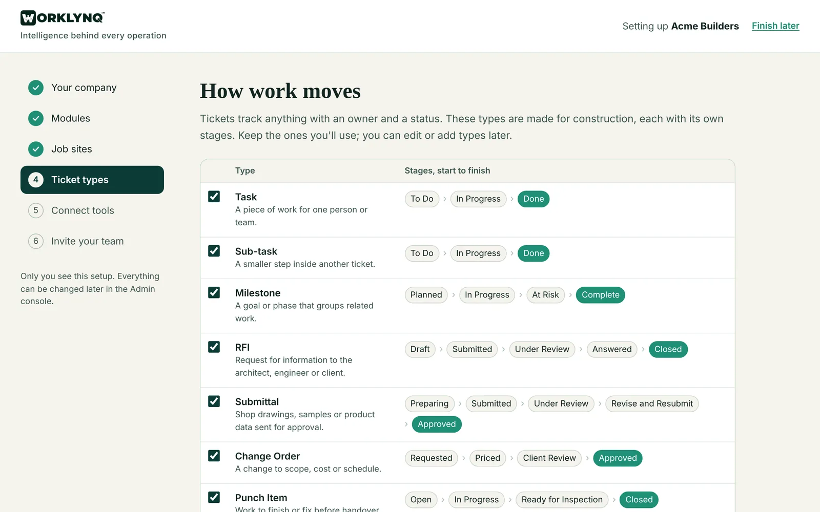 First-time setup: construction ticket types like RFI, Submittal and Change Order, each with its stages