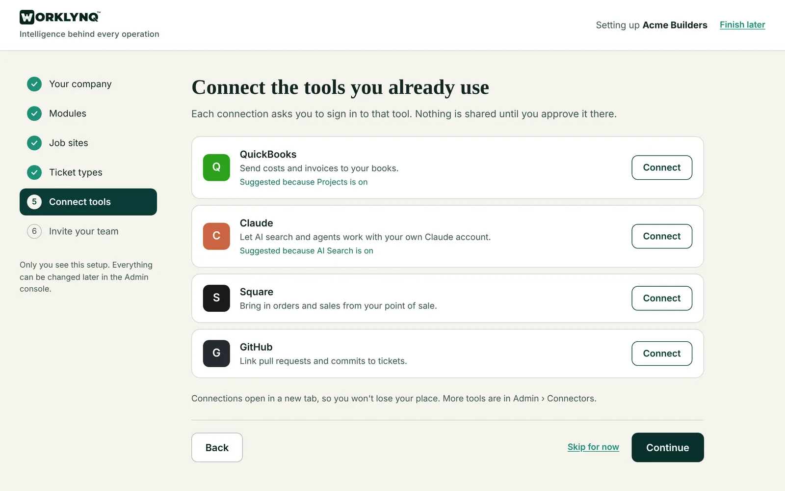 Setup step 5: suggested tools to connect