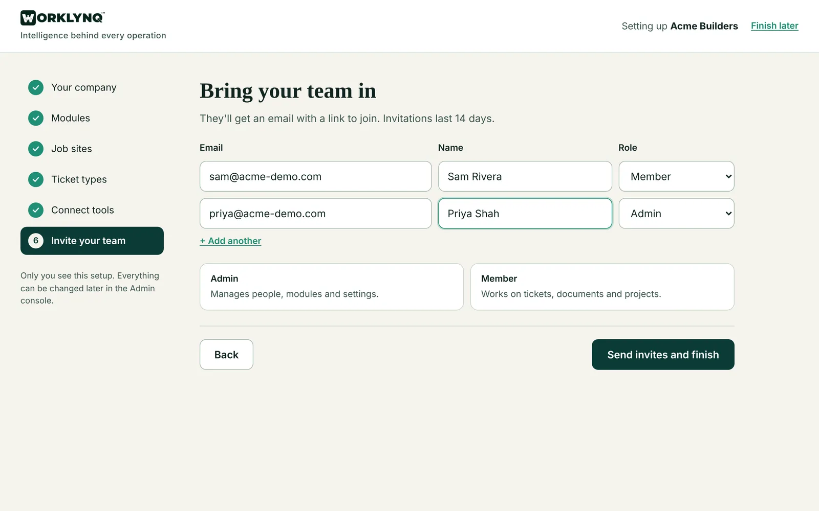 Inviting the team as Members or Admins at the end of setup