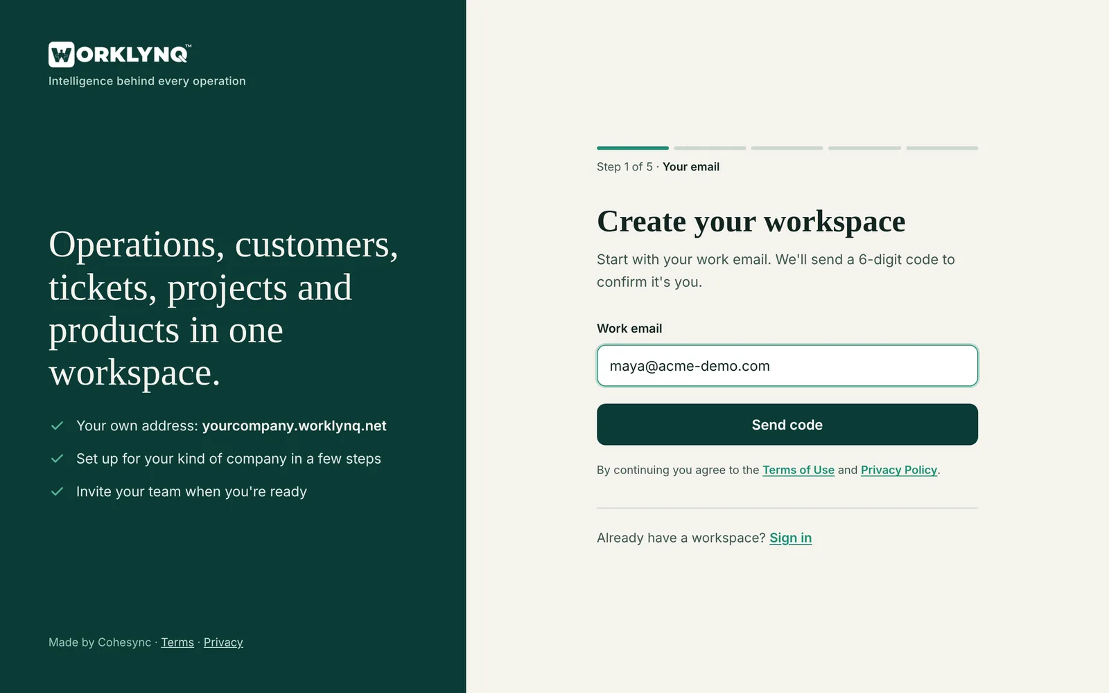 Sign-up step 1: entering a work email