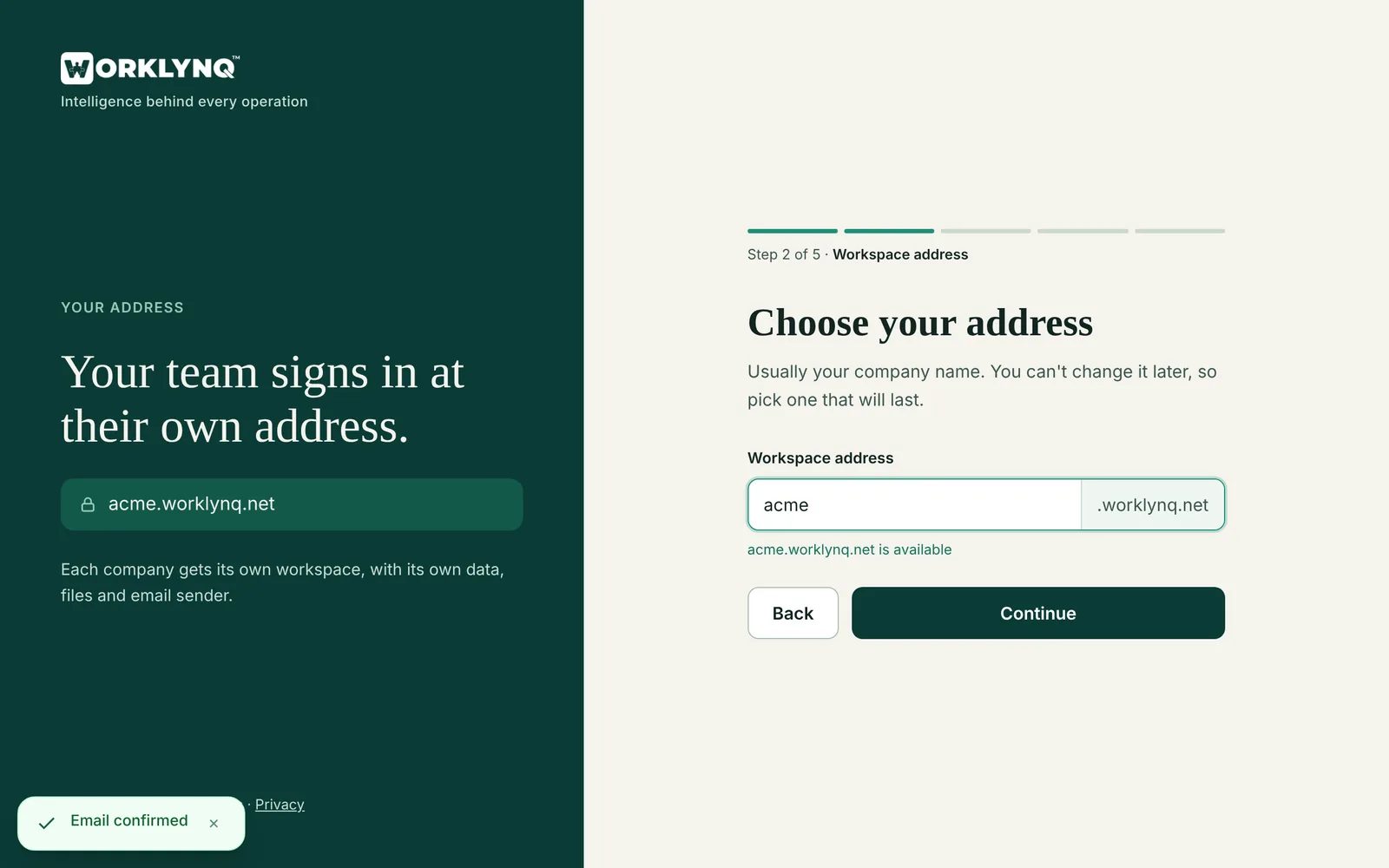 Sign-up step 3: choosing the workspace address
