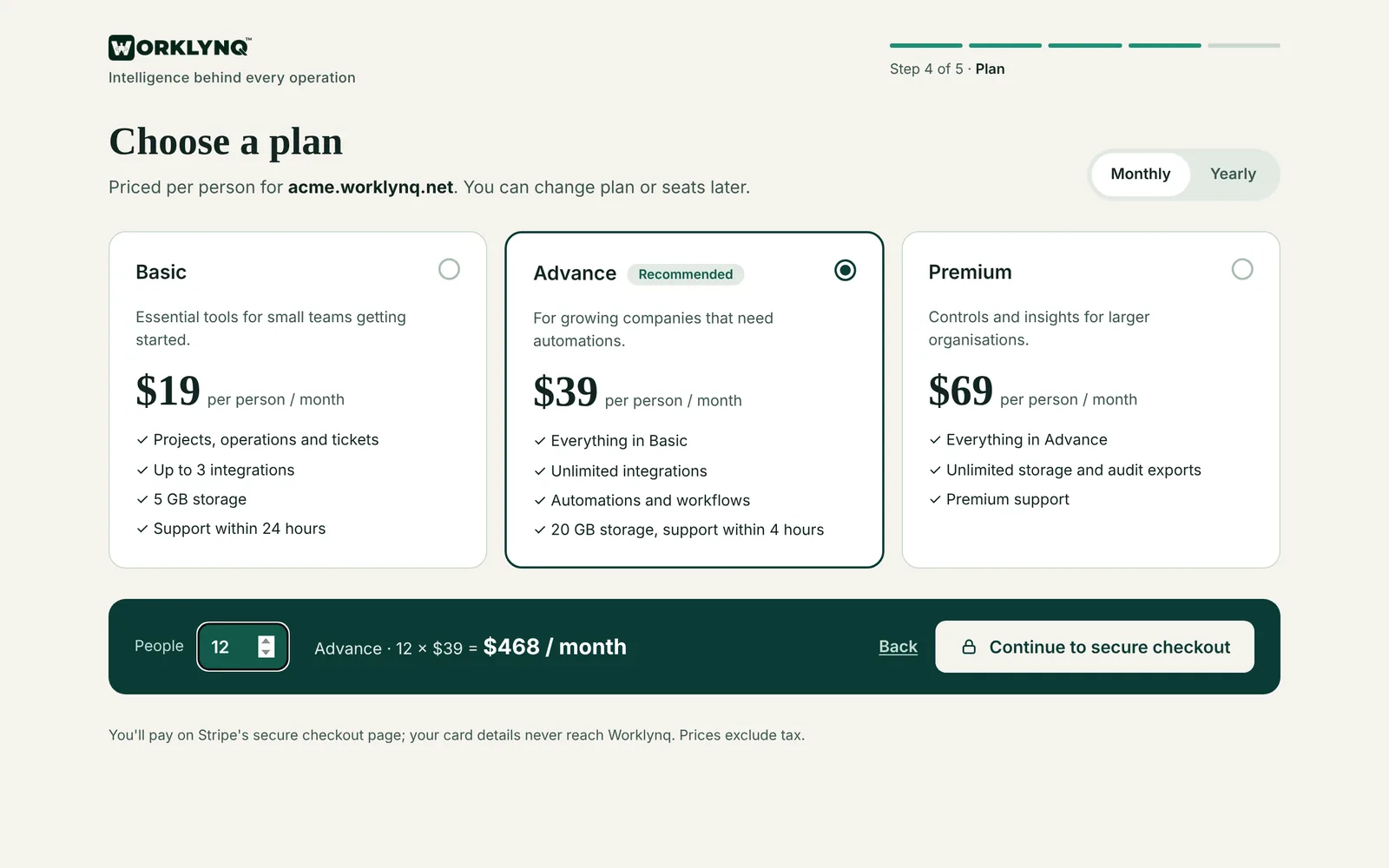 Choosing a plan during sign-up: Basic, Advance and Premium, priced per person, with secure checkout