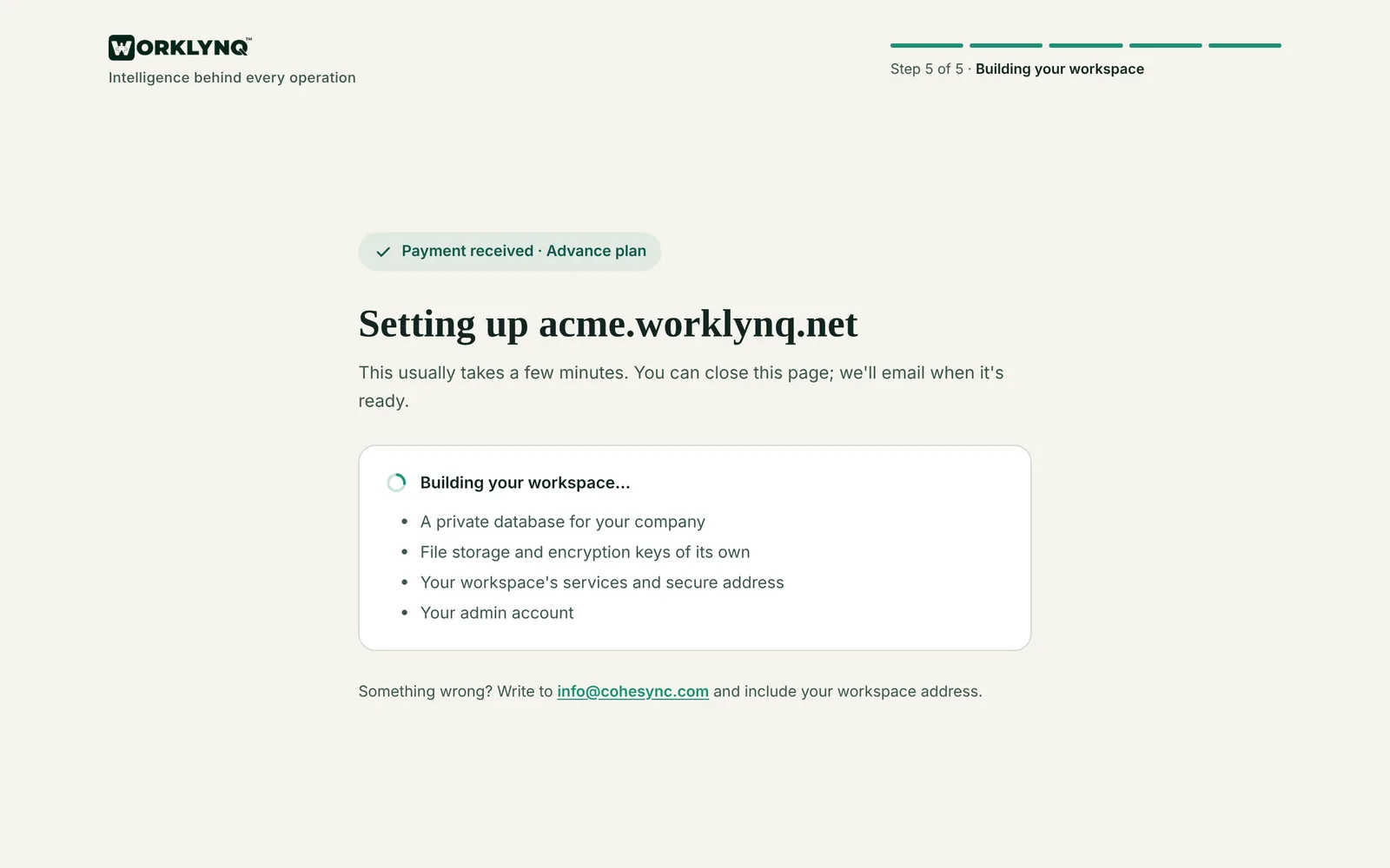 Your workspace being built after payment